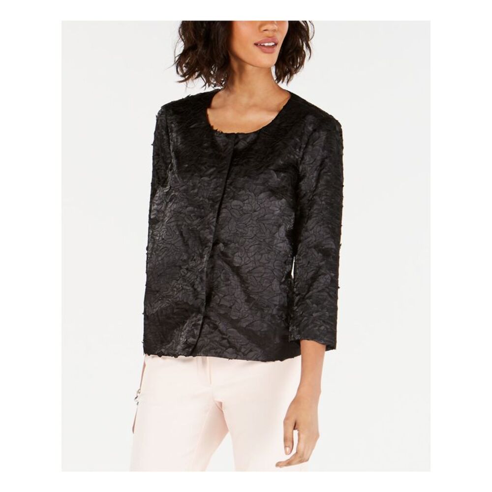 ALFANI Womens Black Embroidered Long Sleeve Jewel Neck Blouse Top Size: M